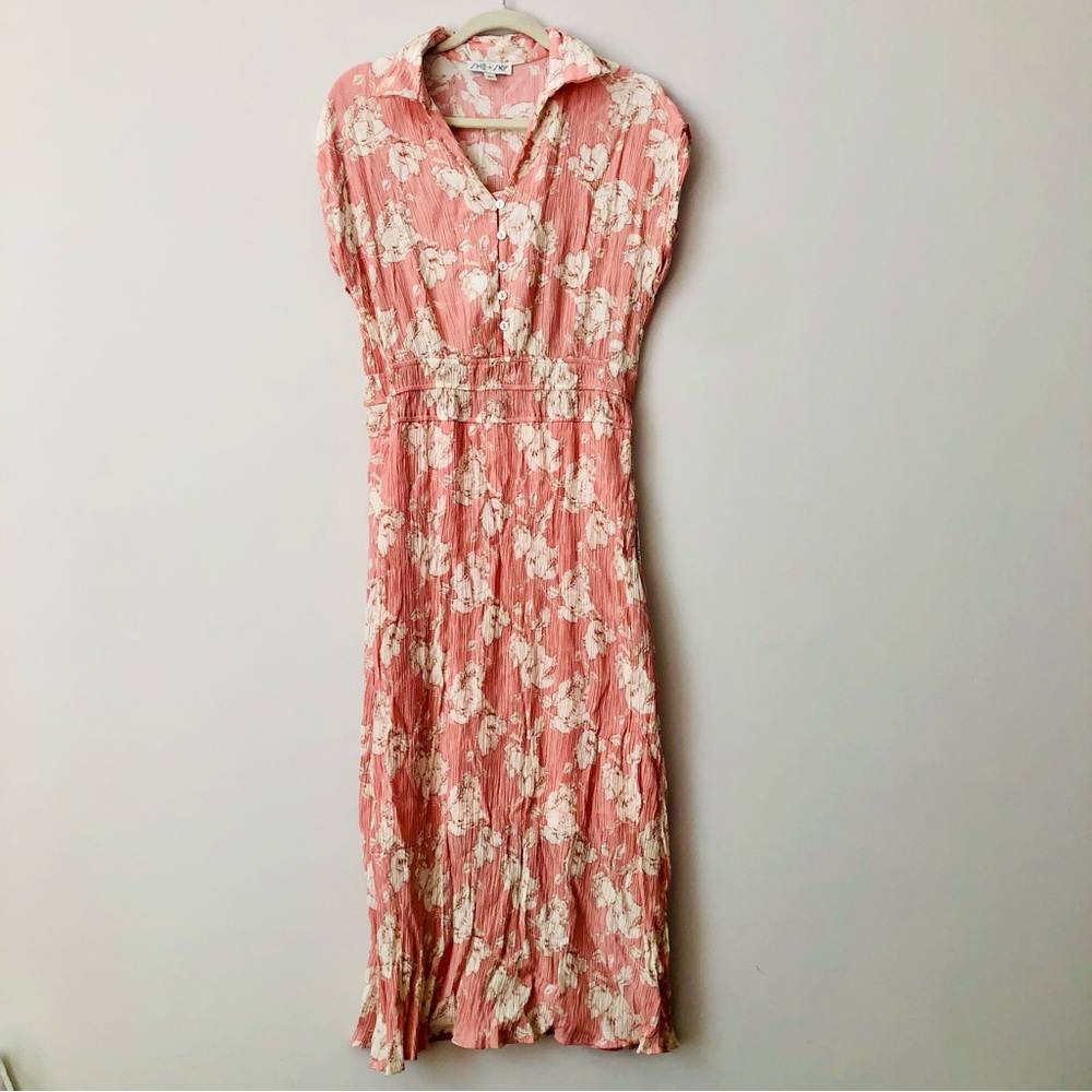 She + Sky Coral Pink Floral Maxi Cottagecore Cream Flowers Dress Women’s Size L